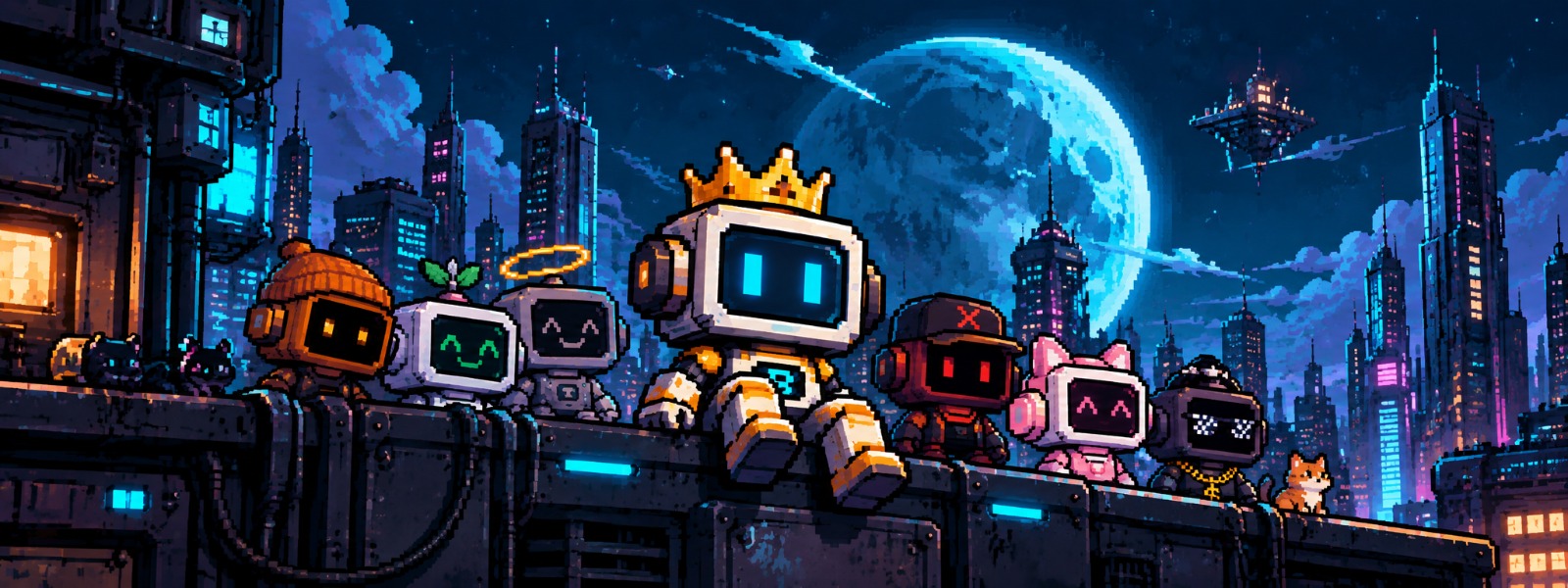 BitBots overlooking their pixel city beneath a distant moon